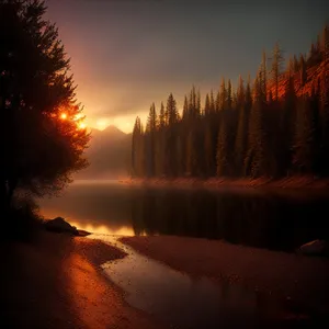 Sunset Over Serene Lake: Majestic Forest Reflection