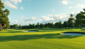 Scenic golf course landscape with flag and sun