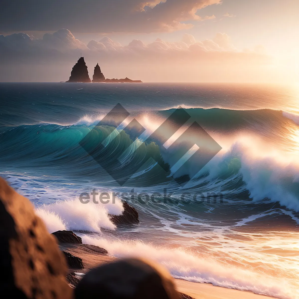 Picture of Golden Horizon on Beach: Sunset Serenity Over Ocean Waves