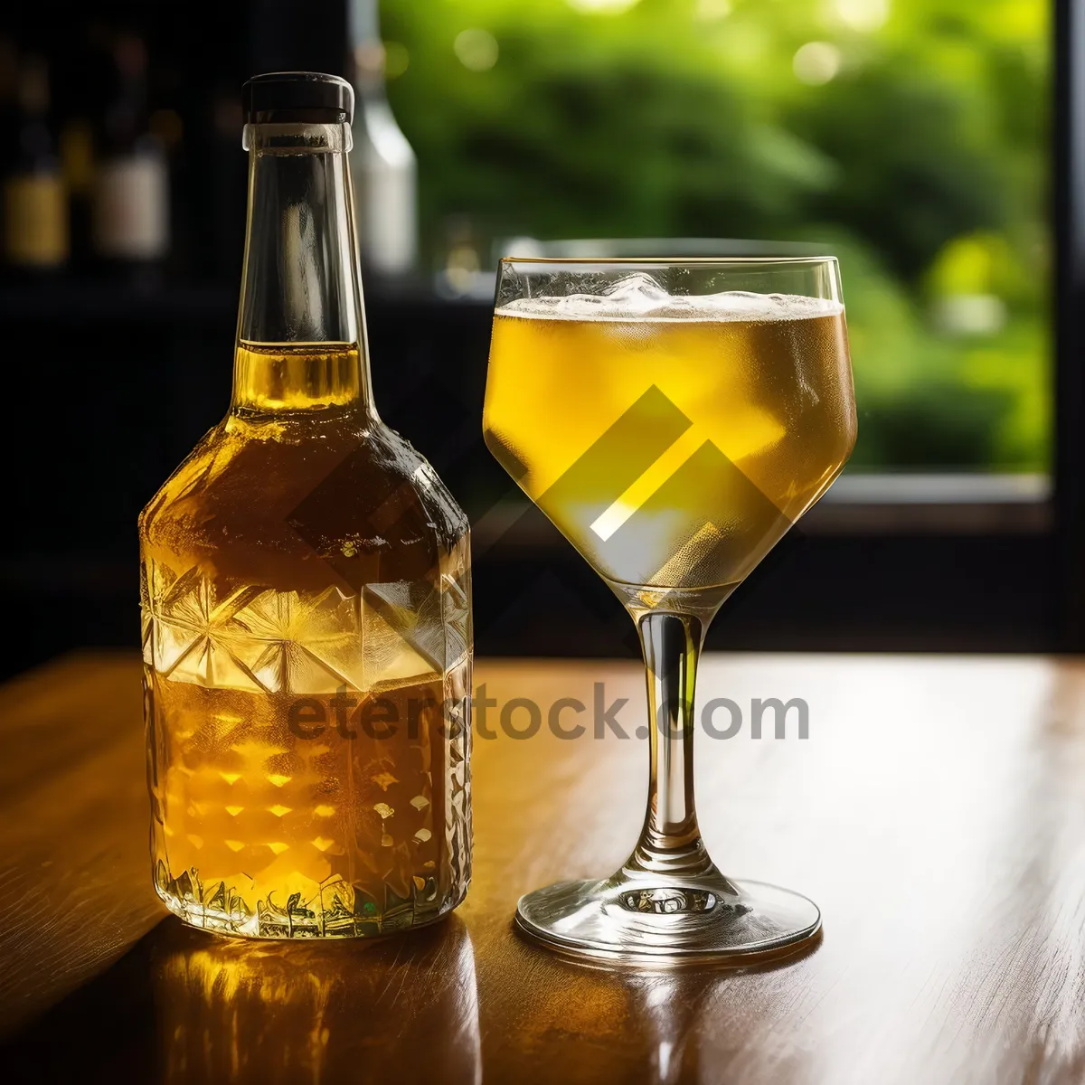 Picture of Yellow wine bottle and glasses for celebratory party setting.