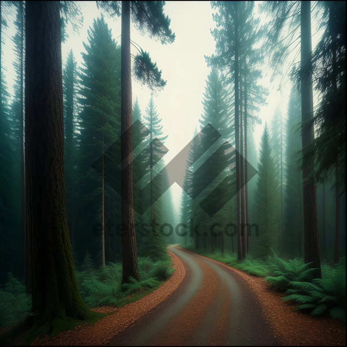 Picture of Misty Forest Path with Sunlight Filtering Through Trees