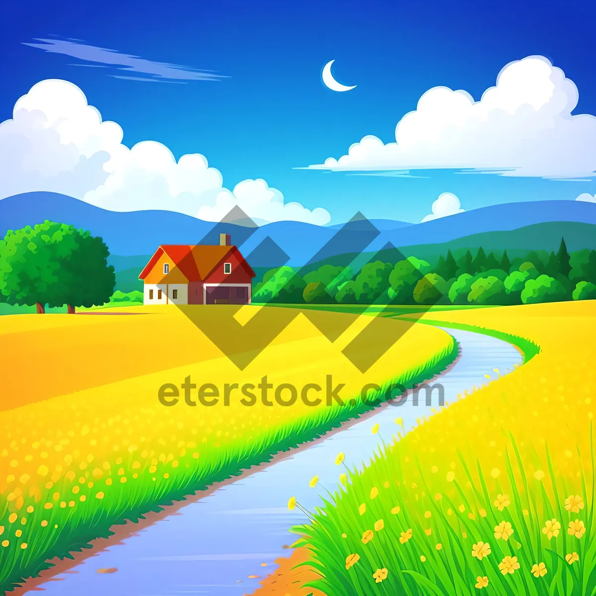 Picture of Vibrant Summer Meadow Landscape under Clear Skies