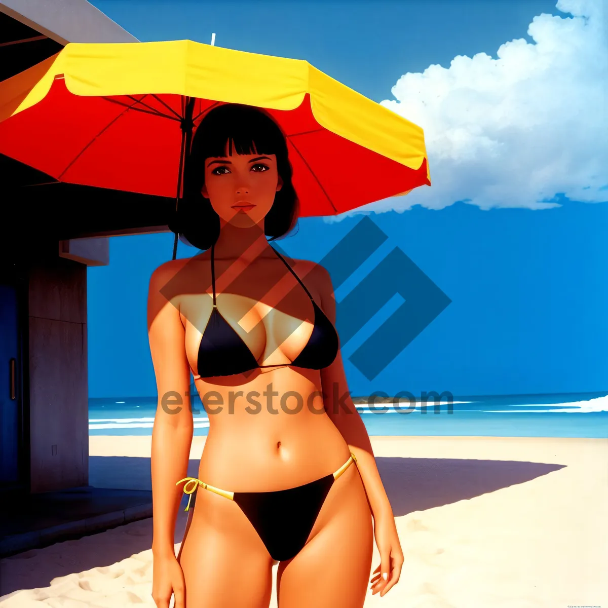 Picture of Sultry Beach Beauty in Stylish Bikini and Parasol