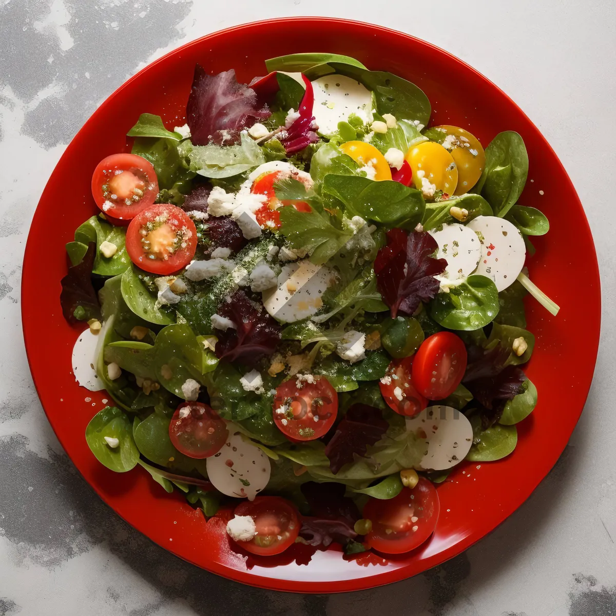 Picture of Fresh Vegetable Salad on Plate with Cheese and Nutritious Dressing