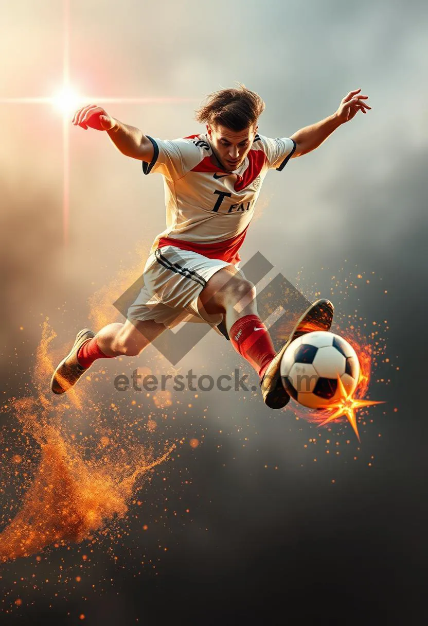 Picture of Happy Man Playing Soccer Outdoors in Summer