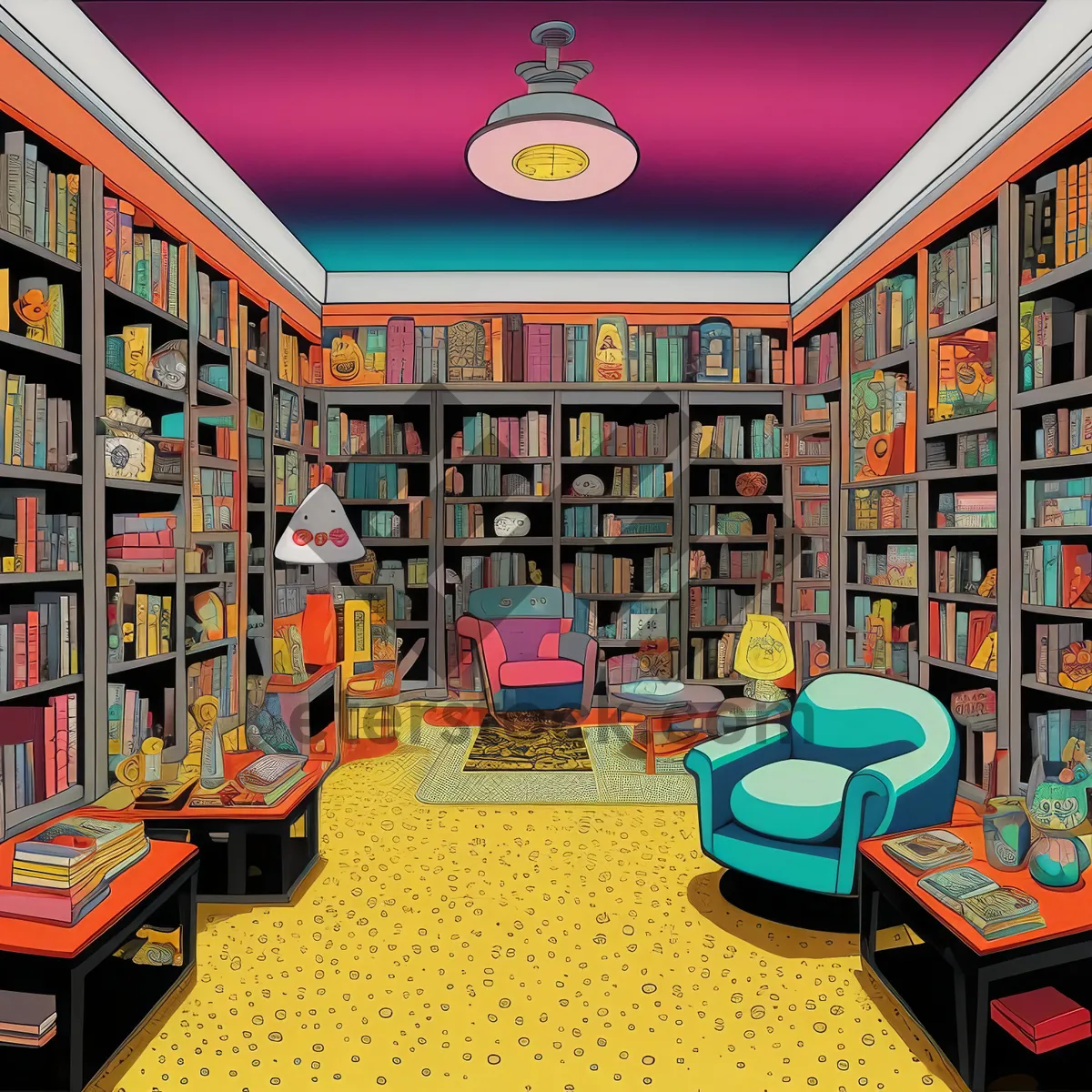 Picture of Bookstore interior with colorful bookshelves in library.