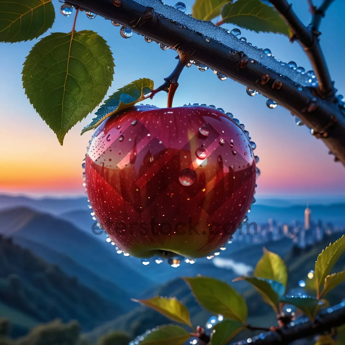 Picture of Fresh Red Delicious Winter Apple on Tree Branch