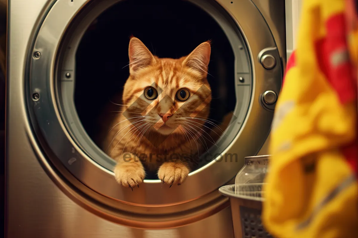 Picture of Playful tabby cat exploring washing machine