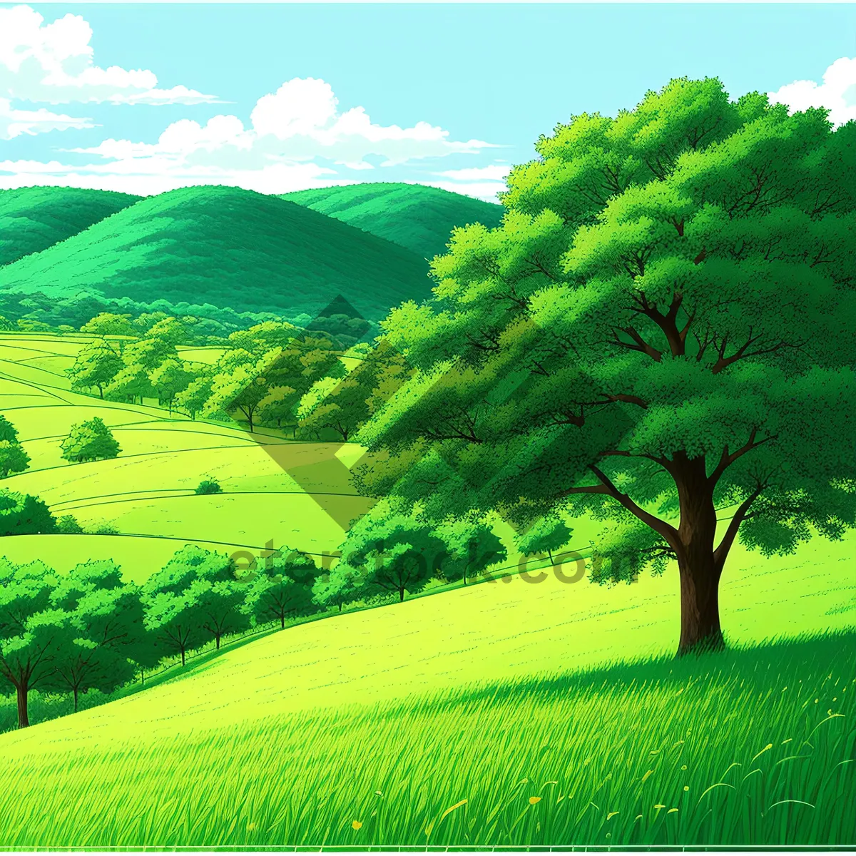 Picture of Serene Highland Landscape with Rolling Fields and Tree