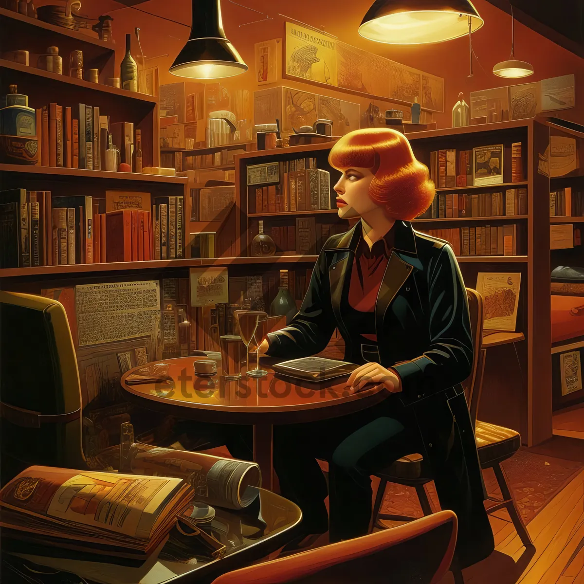 Picture of Happy man working on laptop in cozy library.