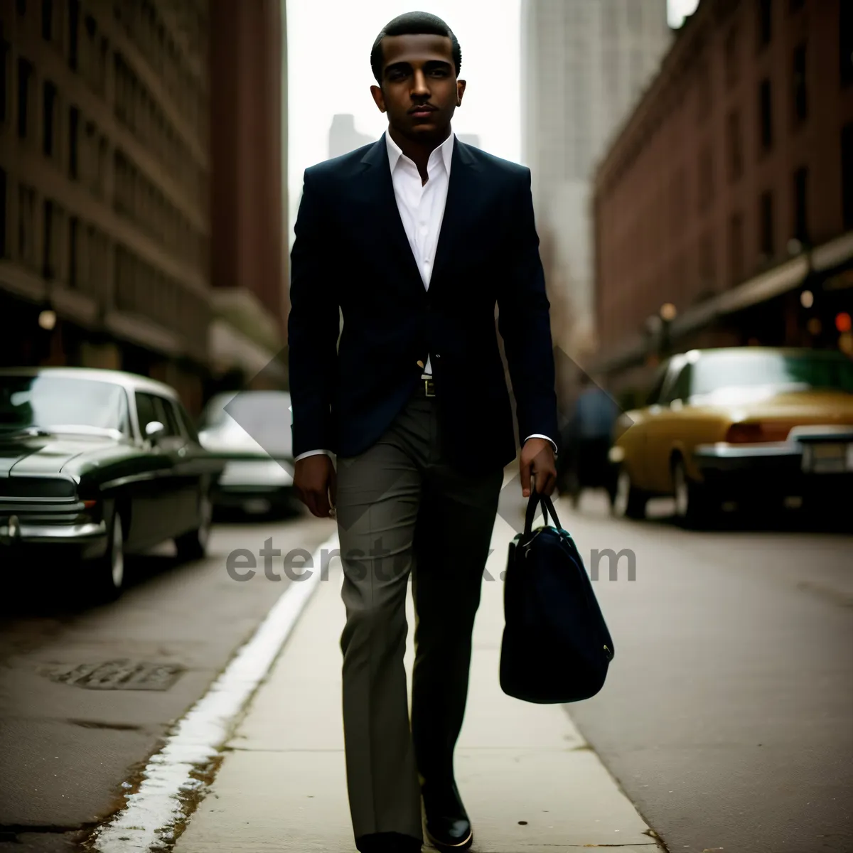 Picture of Confident businessman in suit standing with briefcase and team