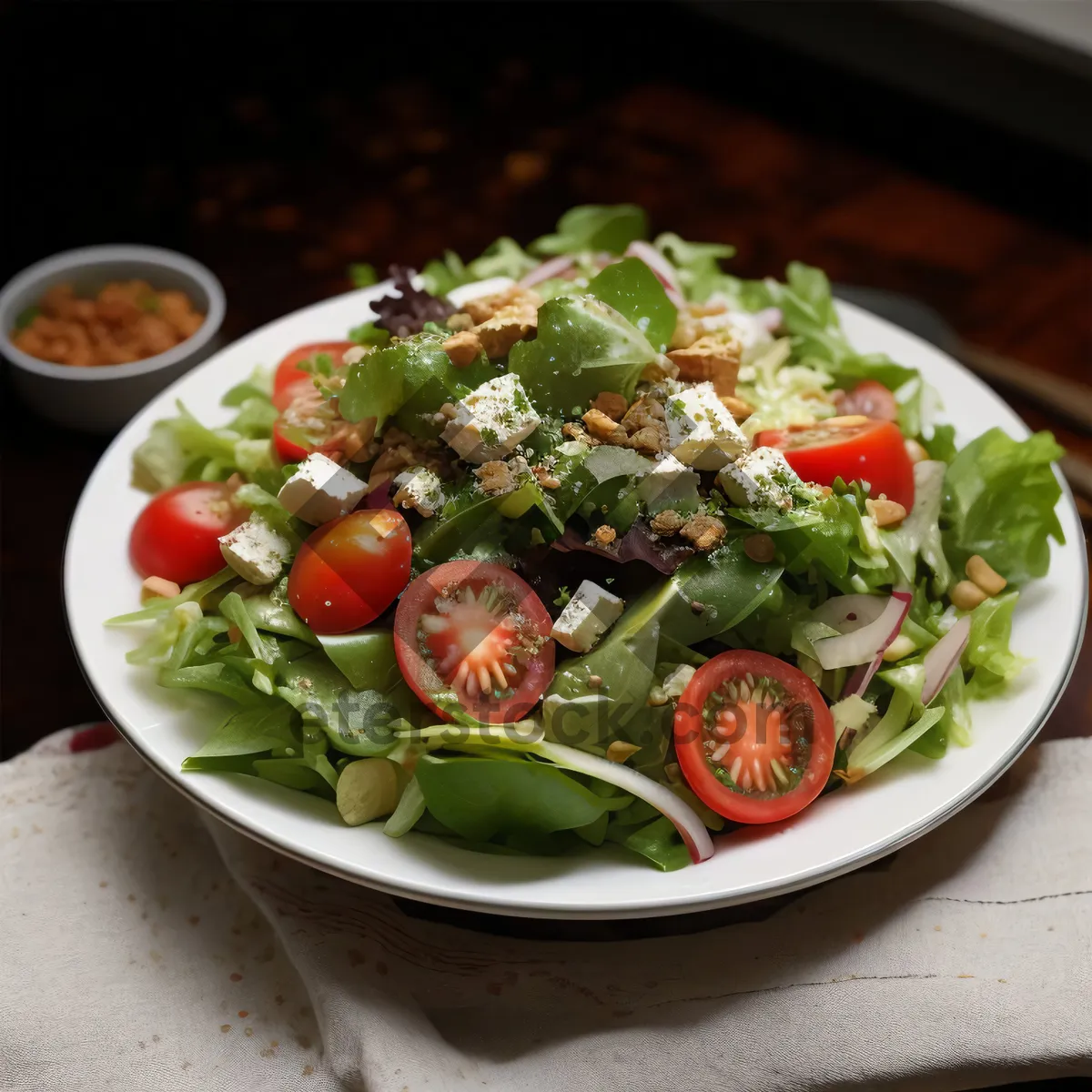 Picture of Healthy vegetarian salad plate with fresh vegetables and sauce.