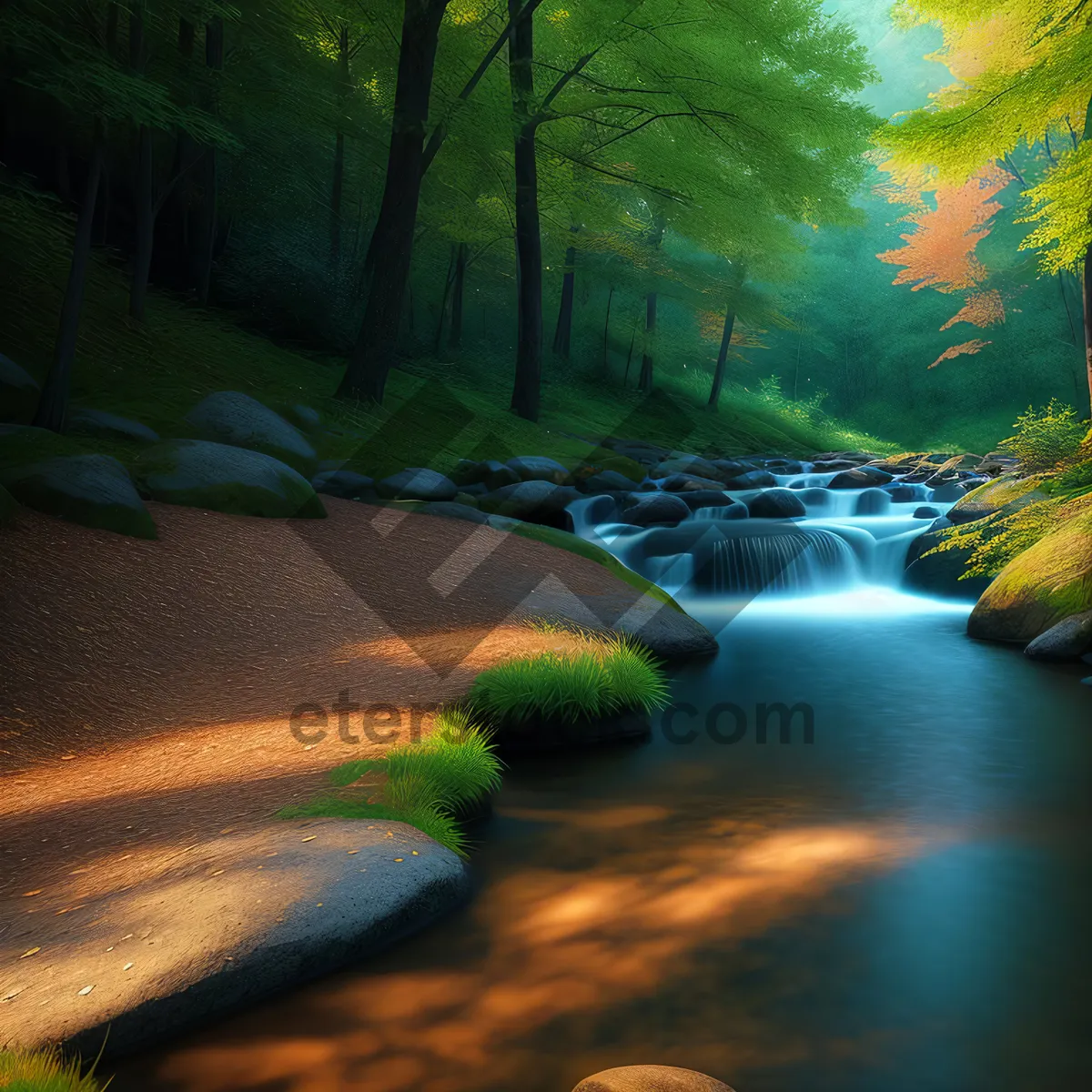 Picture of Serene Summer Waterfall in Forested Landscape