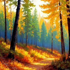 Golden Fall Foliage Painting in the Woods