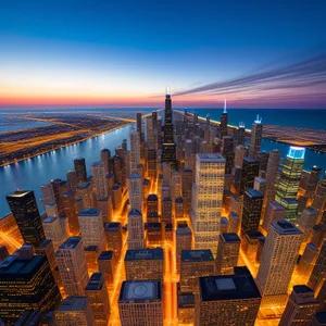Modern skyline view of a vibrant metropolis at sunset.
