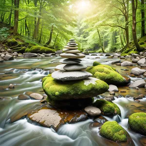Tranquil forest park with flowing waterfall and stream