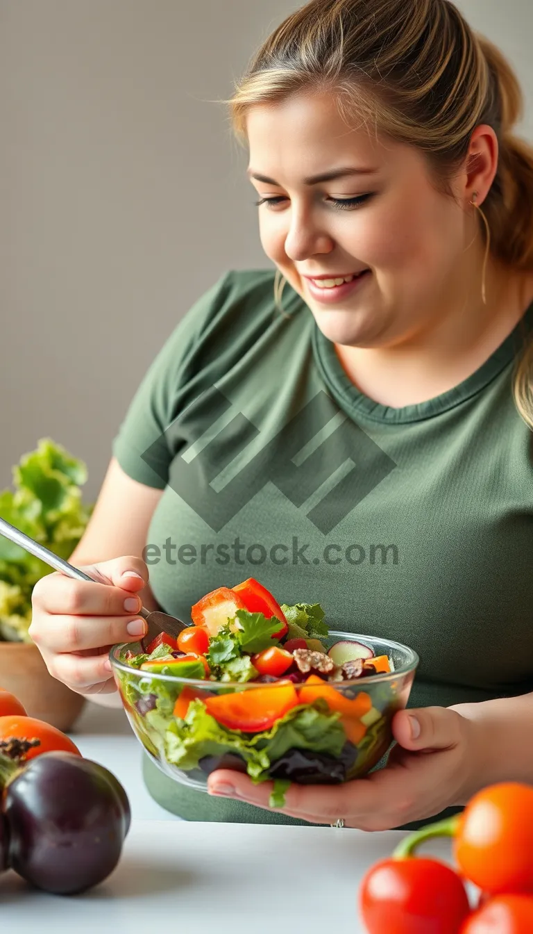 Picture of Attractive person enjoying a healthy vegetable salad at home