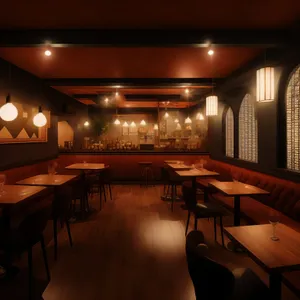 Modern restaurant interior design with empty chairs and tables.