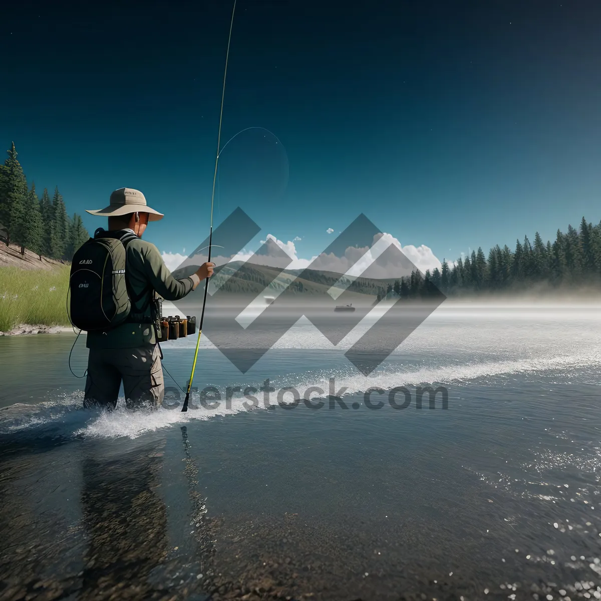 Picture of Snowy Mountain Ski Fisherman Reeling in Catch