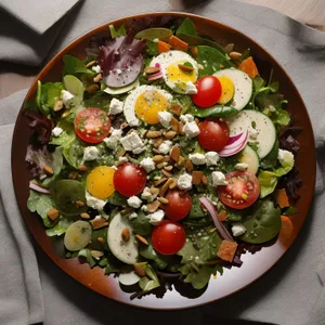 Fresh vegetable salad with cheese and olive oil dressing.