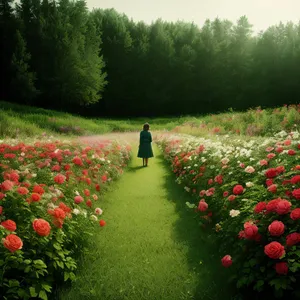 Summer Park Landscape with Tree and Tulip Flowers