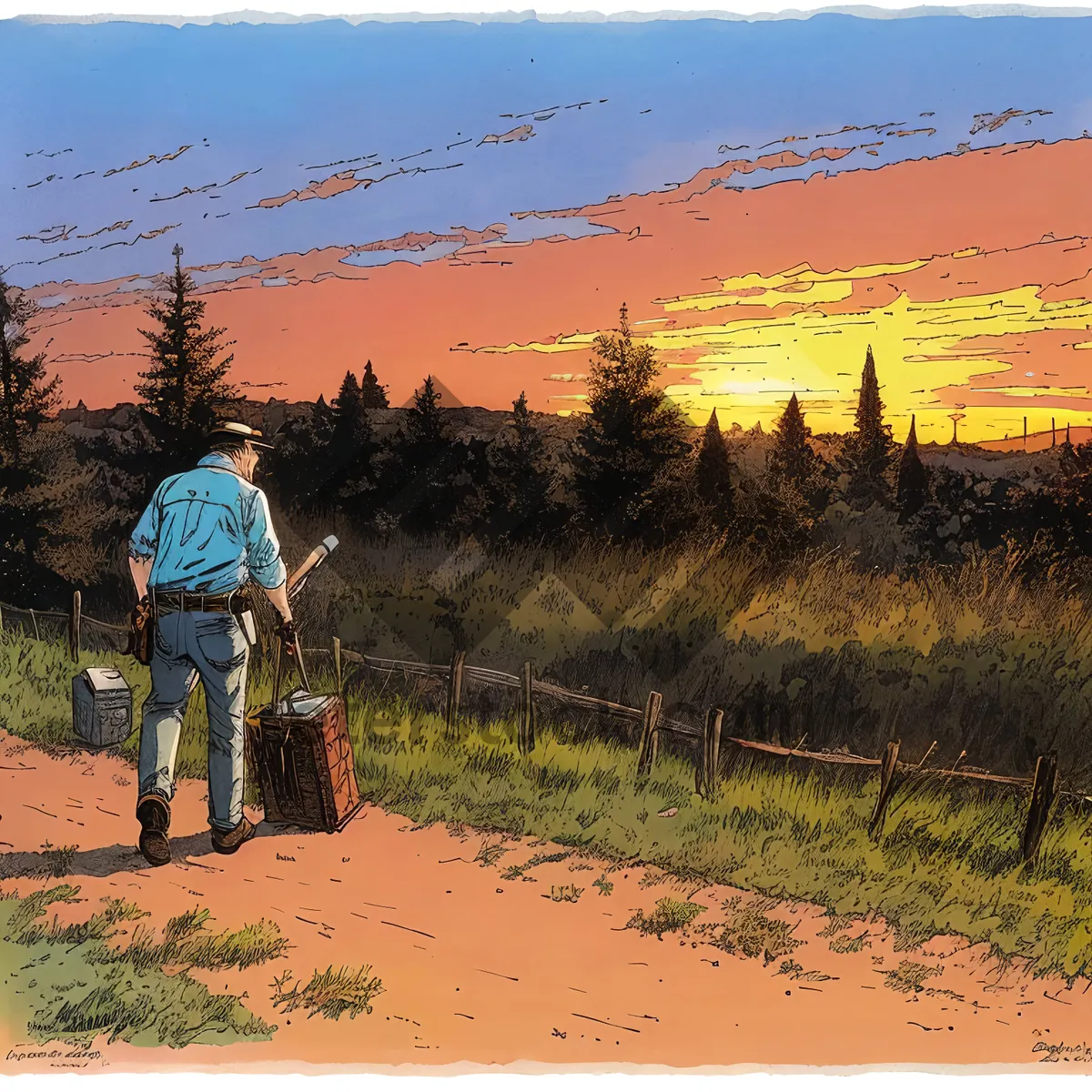 Picture of Golden Harvest: Farmer Plowing Meadow Amidst Spectacular Mountain Landscape