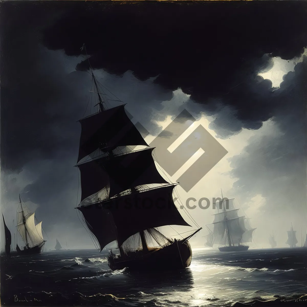 Picture of Pirate ship silhouette at sunset on the sea.