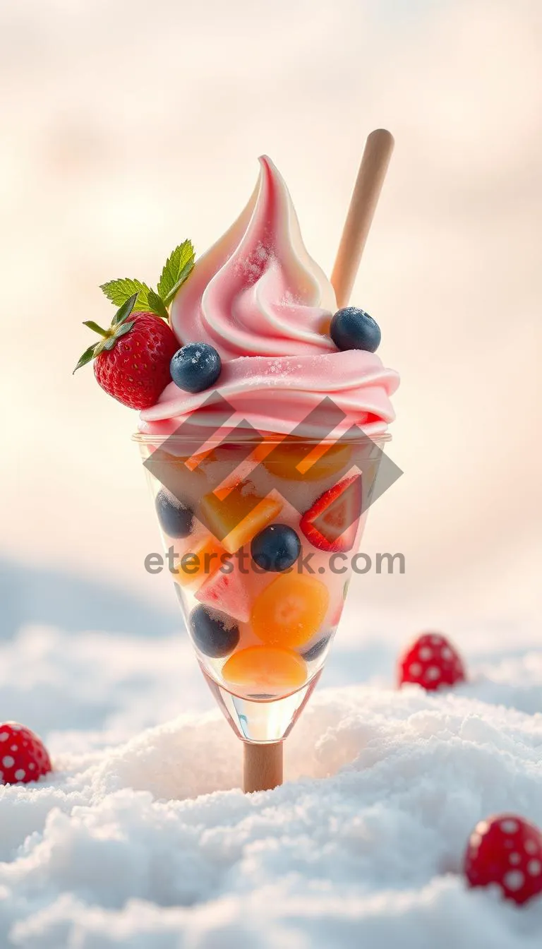 Picture of Refreshing Berry Bowl with Ice Cream and Chocolate Syrup