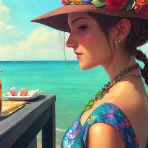 Exotic Beach Leisure: Tan Sexy Swimsuit with Sombrero