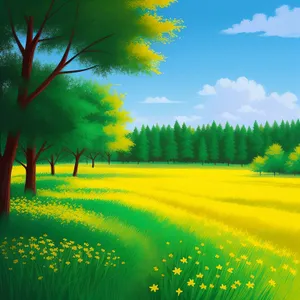 Serene Countryside Meadow Under Colorful Sky