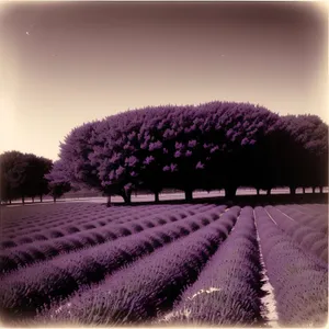 Serene Countryside Landscape with Lavender Field and Trees