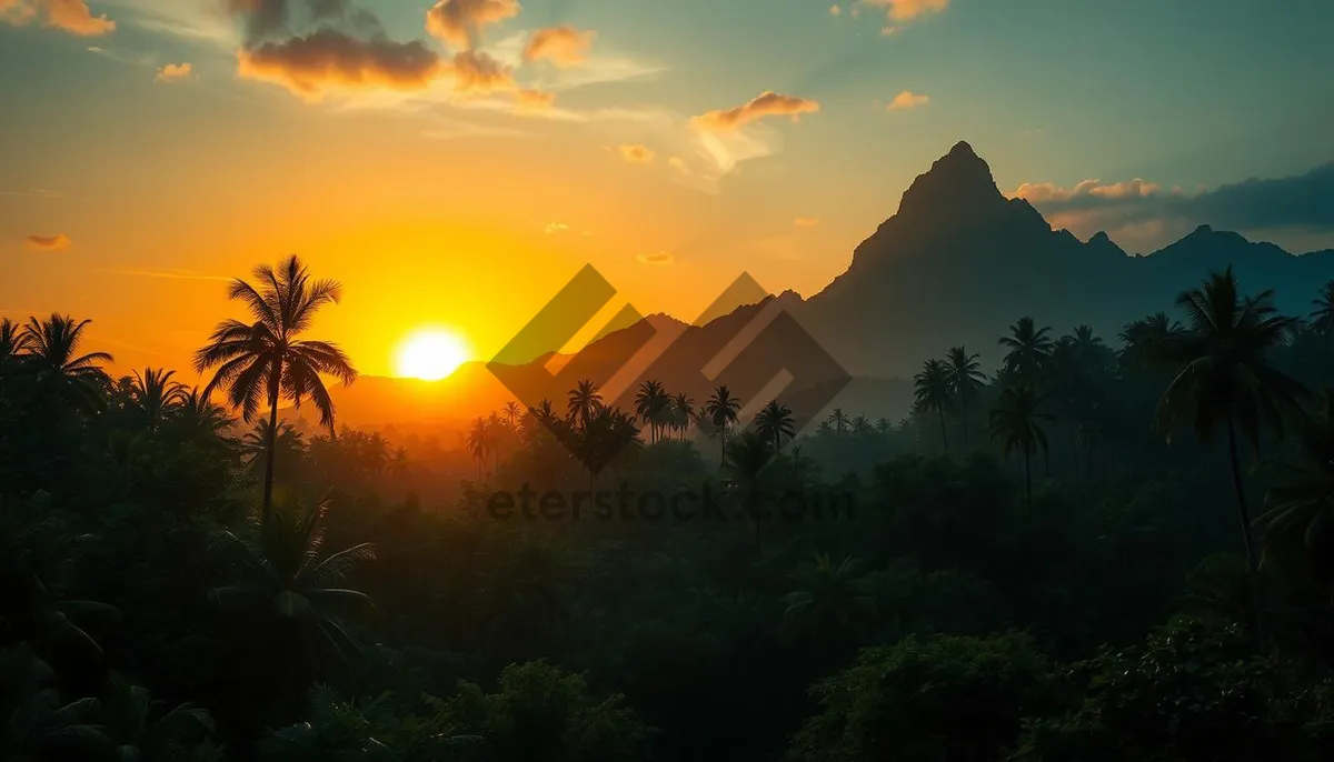 Picture of Sunset silhouette with orange sky and mountains landscape.