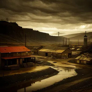 Riverside City Pier with Boathouse and Freight Car