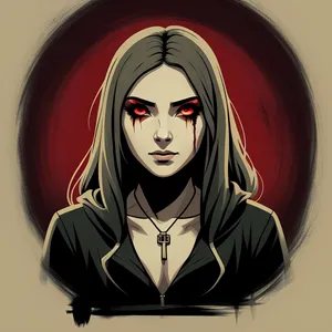 Captivating Portrait of a Girl with Crimson Eyes and a Key Hanging Around her Neck