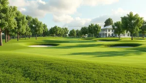 Golfer playing on scenic golf course fairway.