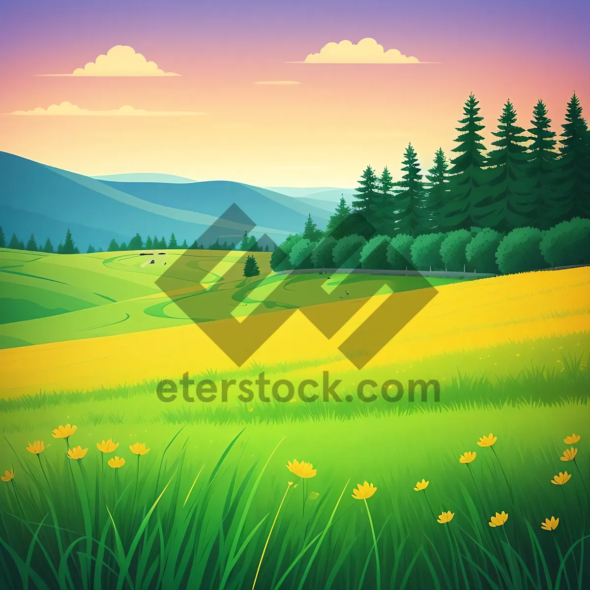 Picture of Idyllic Countryside Sunset Over Rolling Green Fields