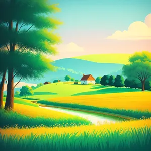 Sunny Landscape Over Rural Hill with Tree