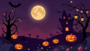 Nighttime Silhouette Cemetery with Moon and Pumpkins