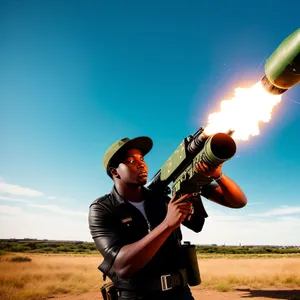 Skybound Man with Flamethrower amidst Grass