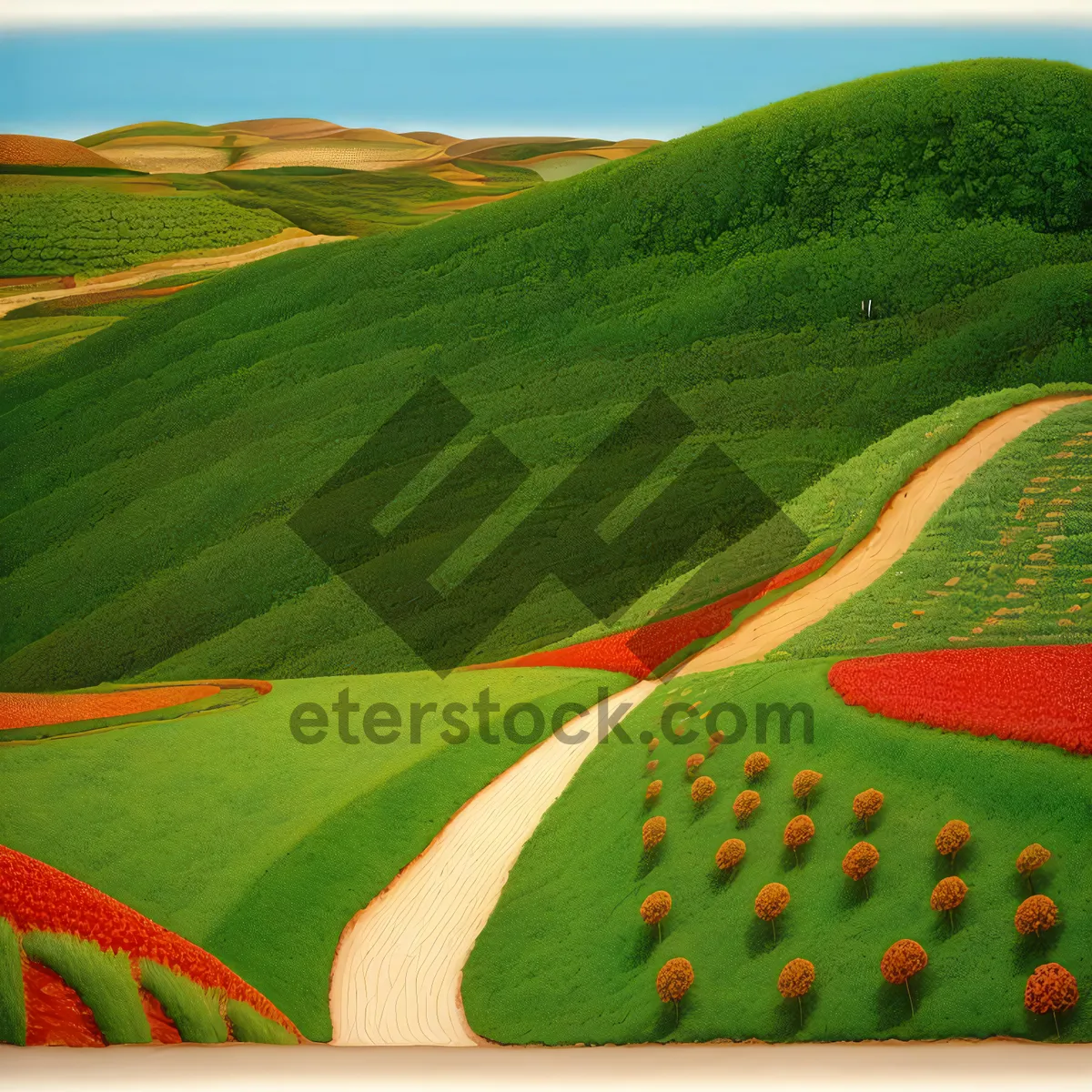 Picture of Serene countryside landscape with rolling green hills.