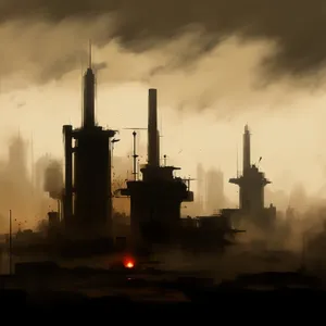 Industrial Tower with Pollution-Emitting Chimney Against Skyline