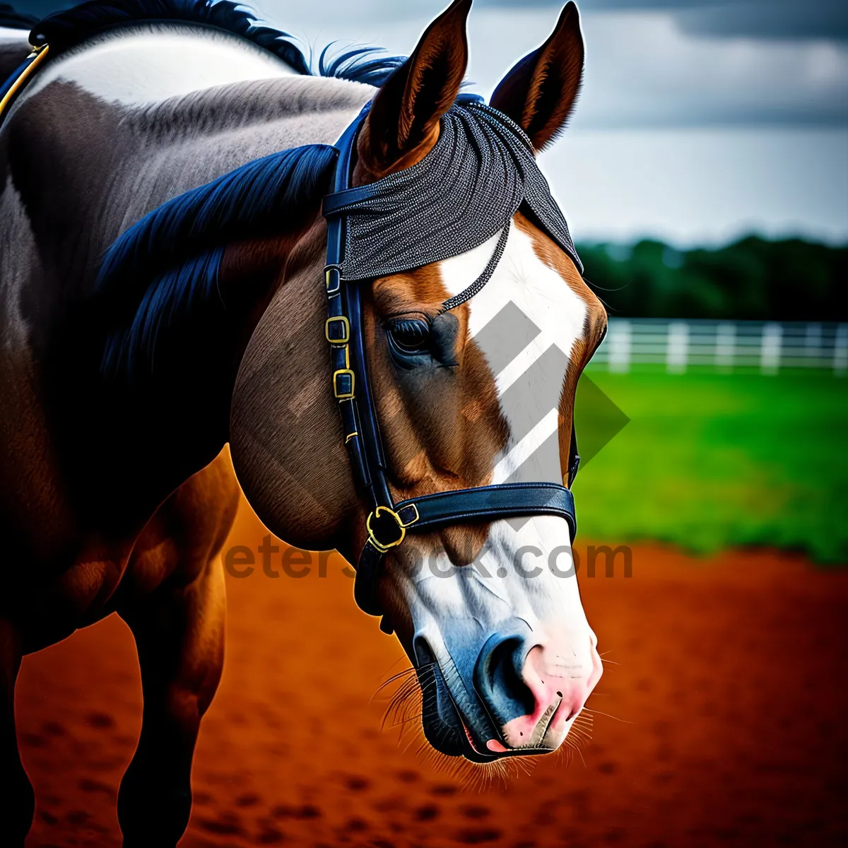 Picture of Brown Thoroughbred Stallion Grazing in Pasture