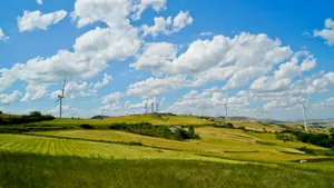 Scenic countryside landscape with tree and cloudy sky.