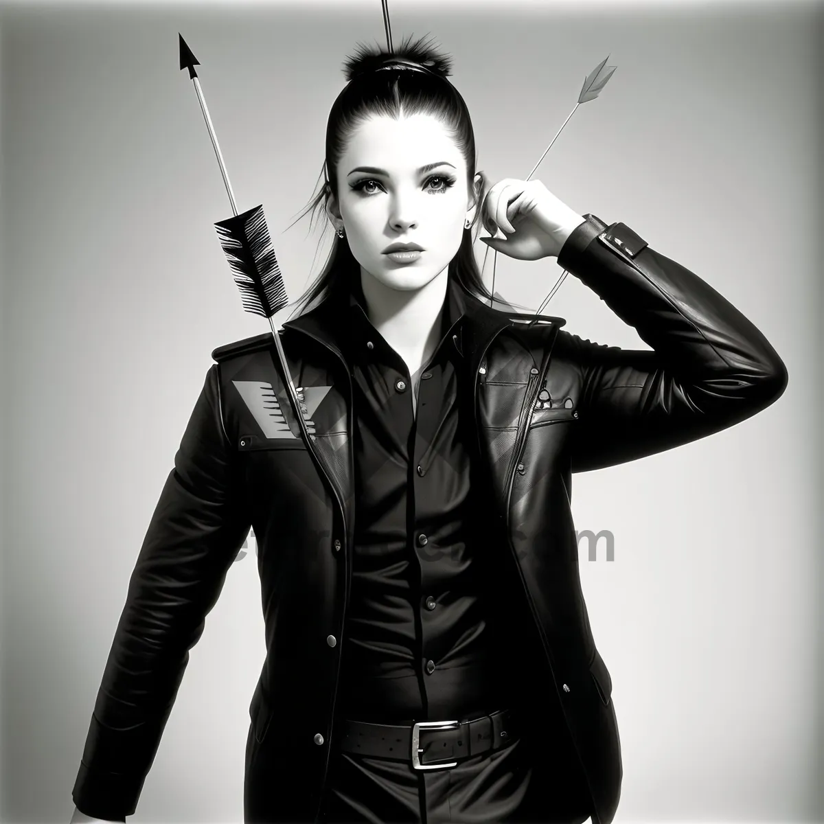 Picture of Attractive brunette model in fashion portrait with riding crop.