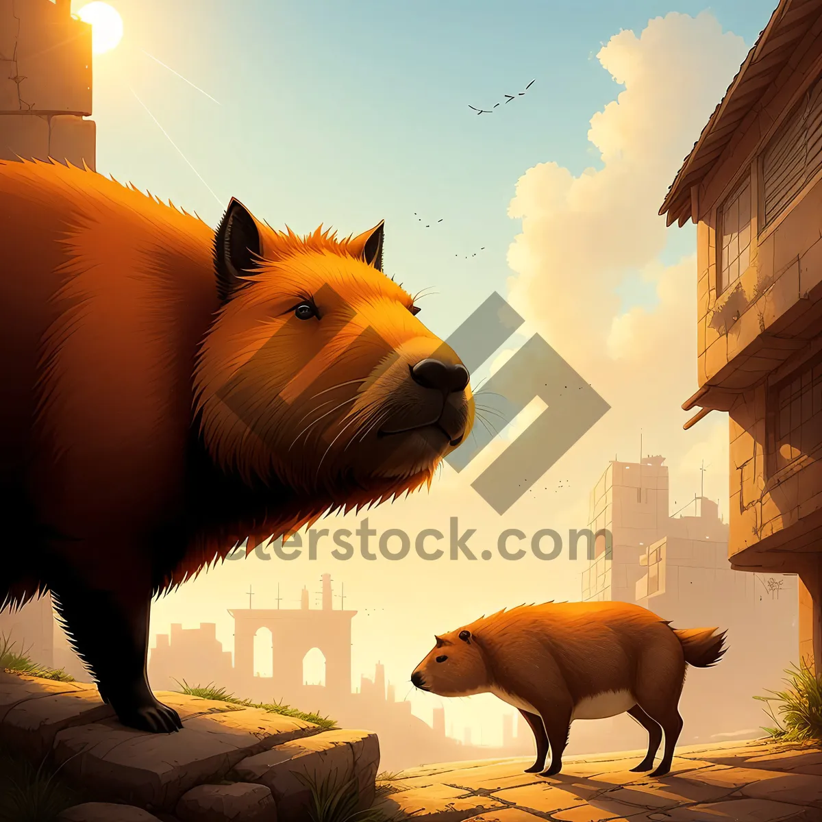 Picture of Rural Farm Landscape with Grazing Horses and Piggy Bank