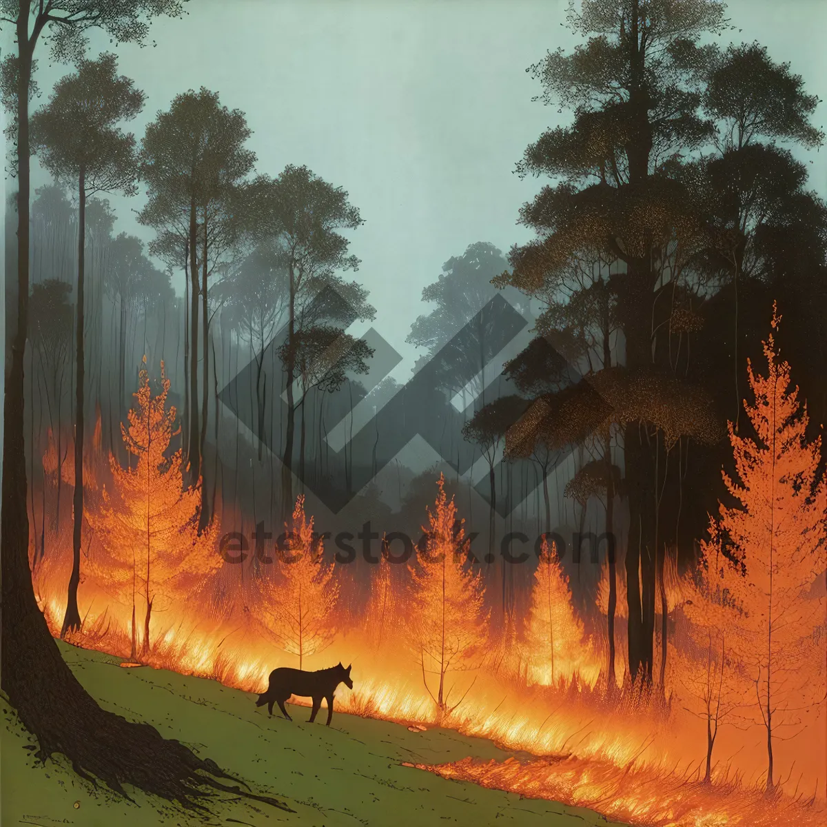Picture of Golden Sunset Over Serene Forest Landscape