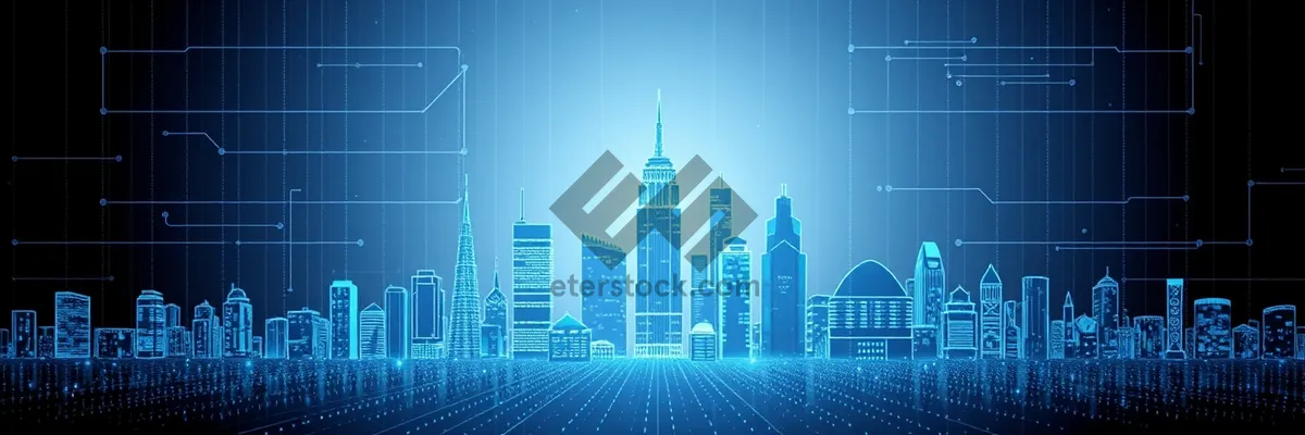 Picture of Modern urban skyline lights reflecting on waterfront building at night.