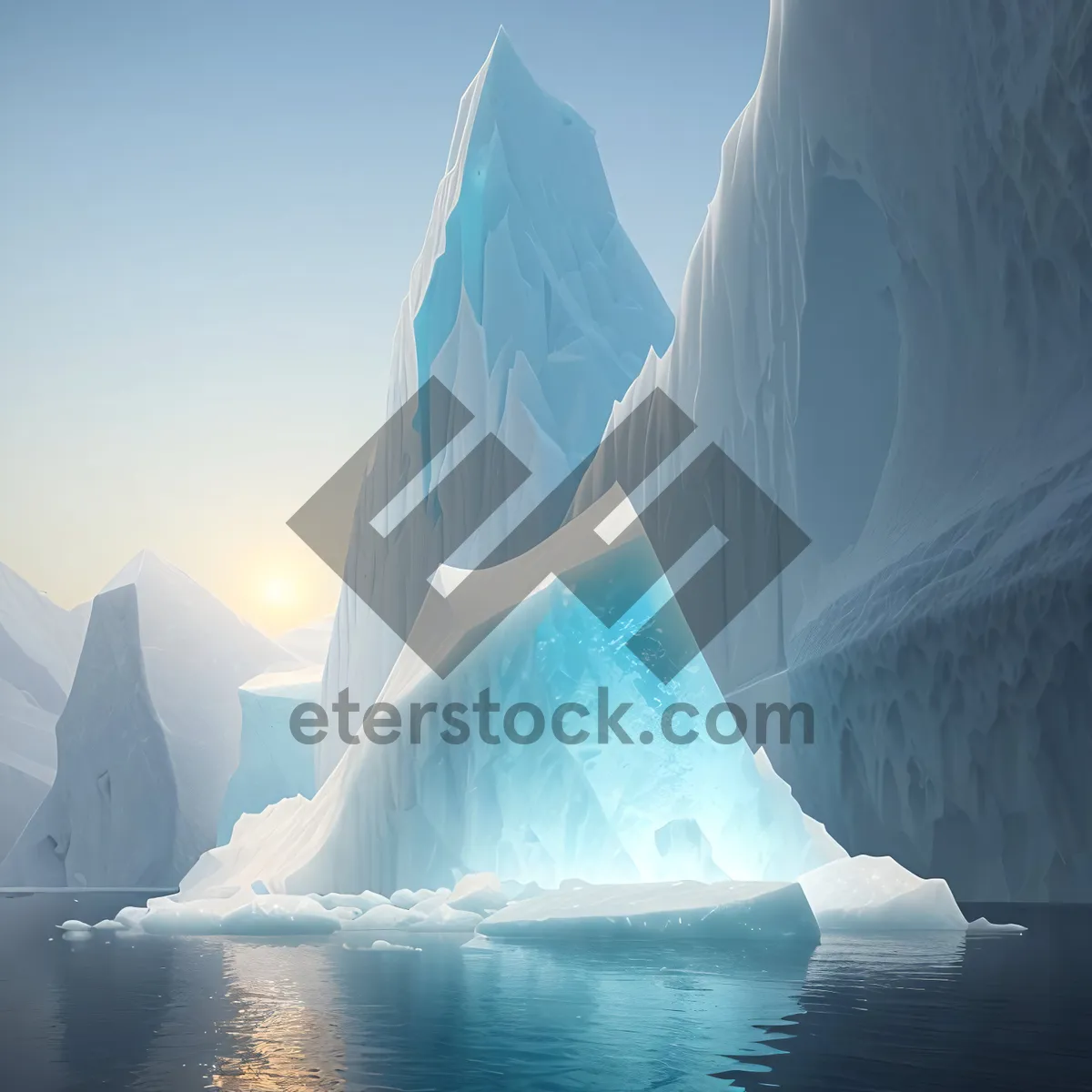 Picture of Icy Arctic Landscape: Majestic Frozen Mountain amidst Glacial Ocean.