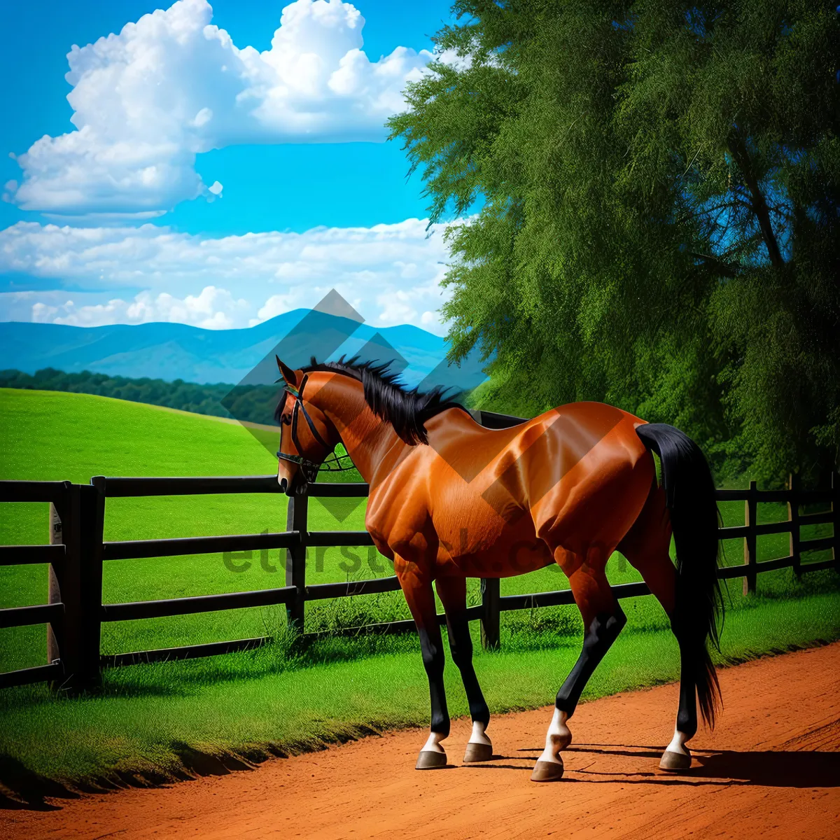 Picture of Thoroughbred Stallion Grazing in Rural Pasture