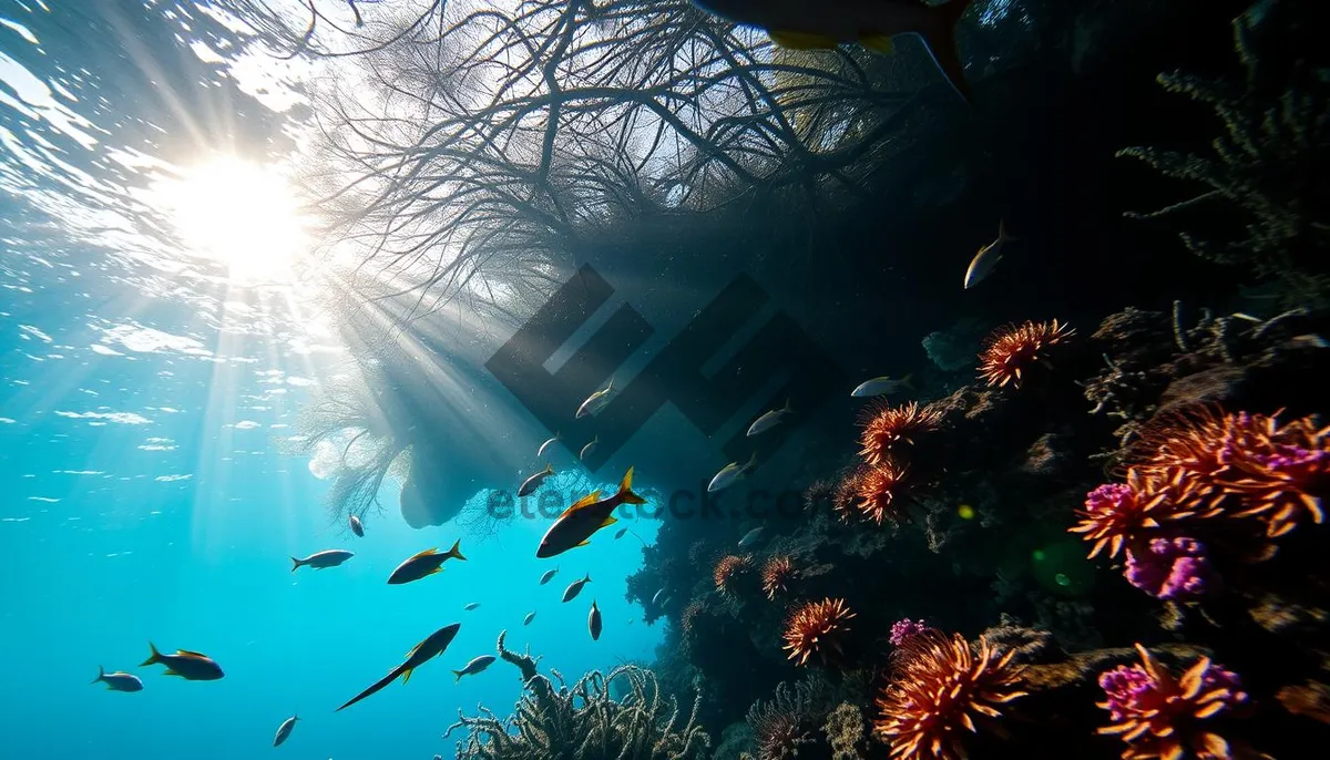 Picture of Bright sun rays on tropical coral reef underwater dive.